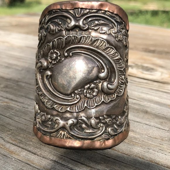 Antique Sterling Silver Cuff Bracelet Repoussé Scroll Size Small Copper 925 - Picture 4 of 9